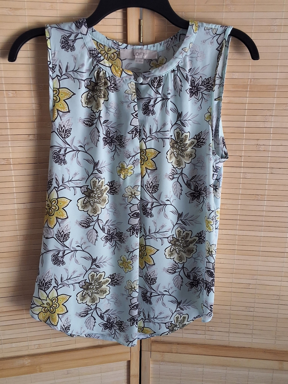 LOFT Light Blue Sleeveless Floral Blouse with Yellow Accents